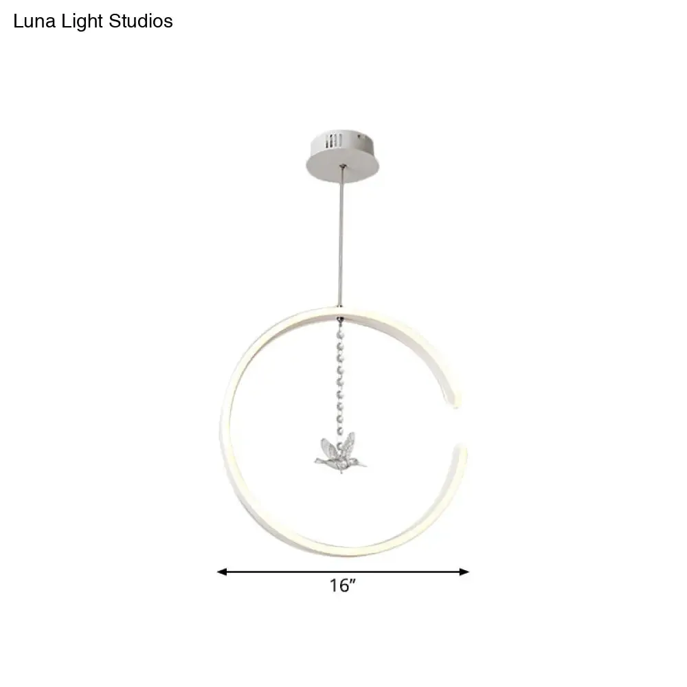 Sleek C-Shape Metal Suspension Lighting with Crystal Bird - LED Hanging Lamp Kit in Warm/White Light