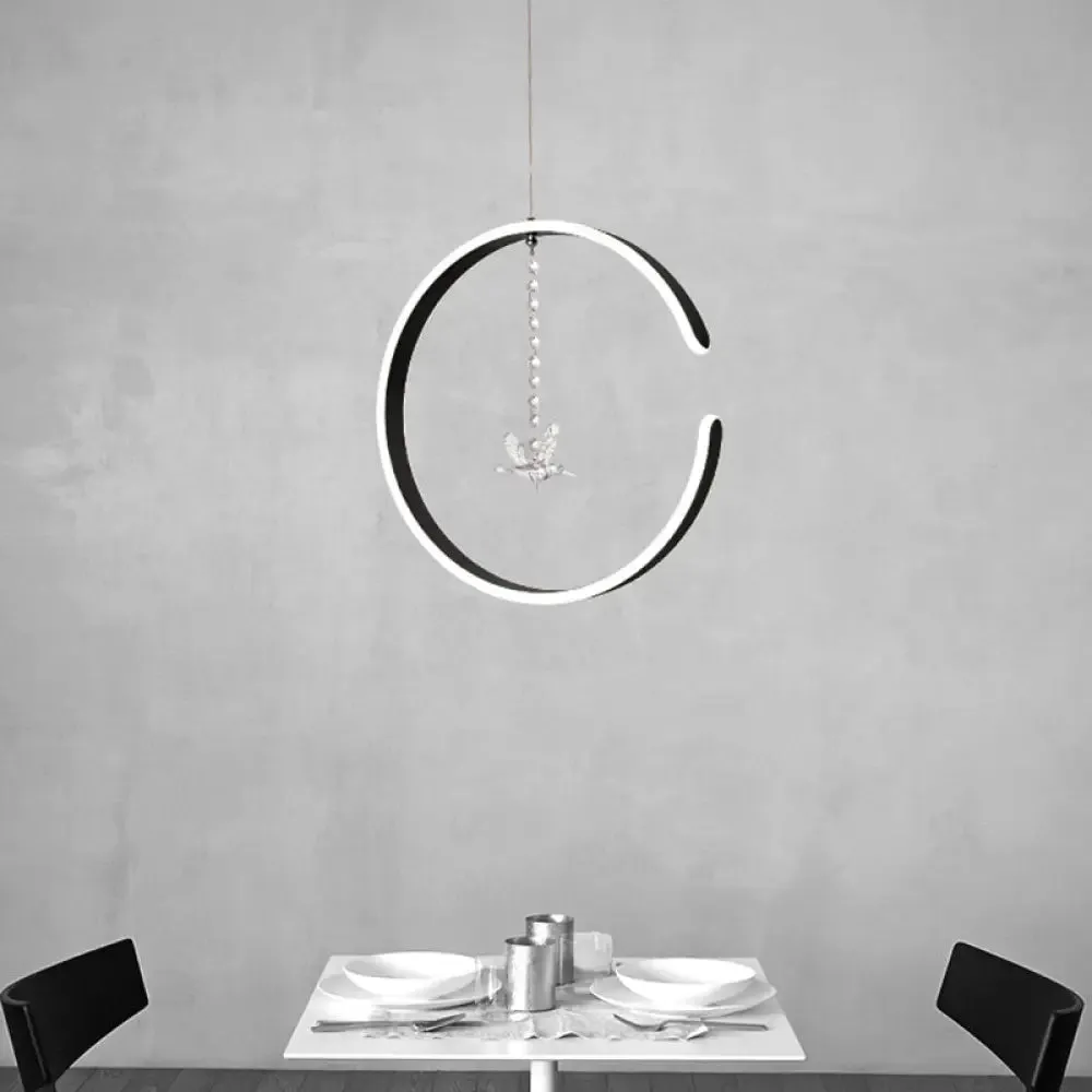 Sleek C-Shape Metal Suspension Lighting with Crystal Bird - LED Hanging Lamp Kit in Warm/White Light