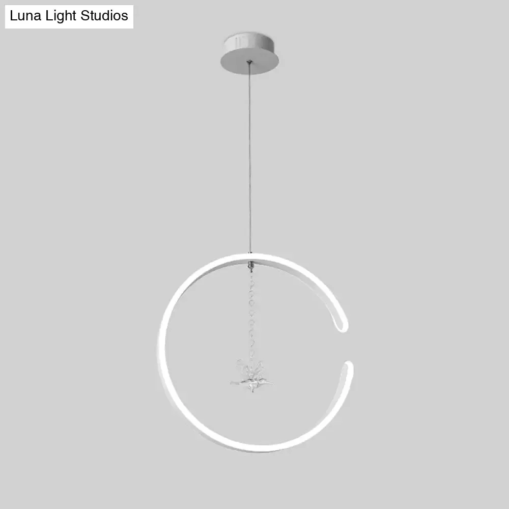 Sleek C-Shape Metal Suspension Lighting with Crystal Bird - LED Hanging Lamp Kit in Warm/White Light