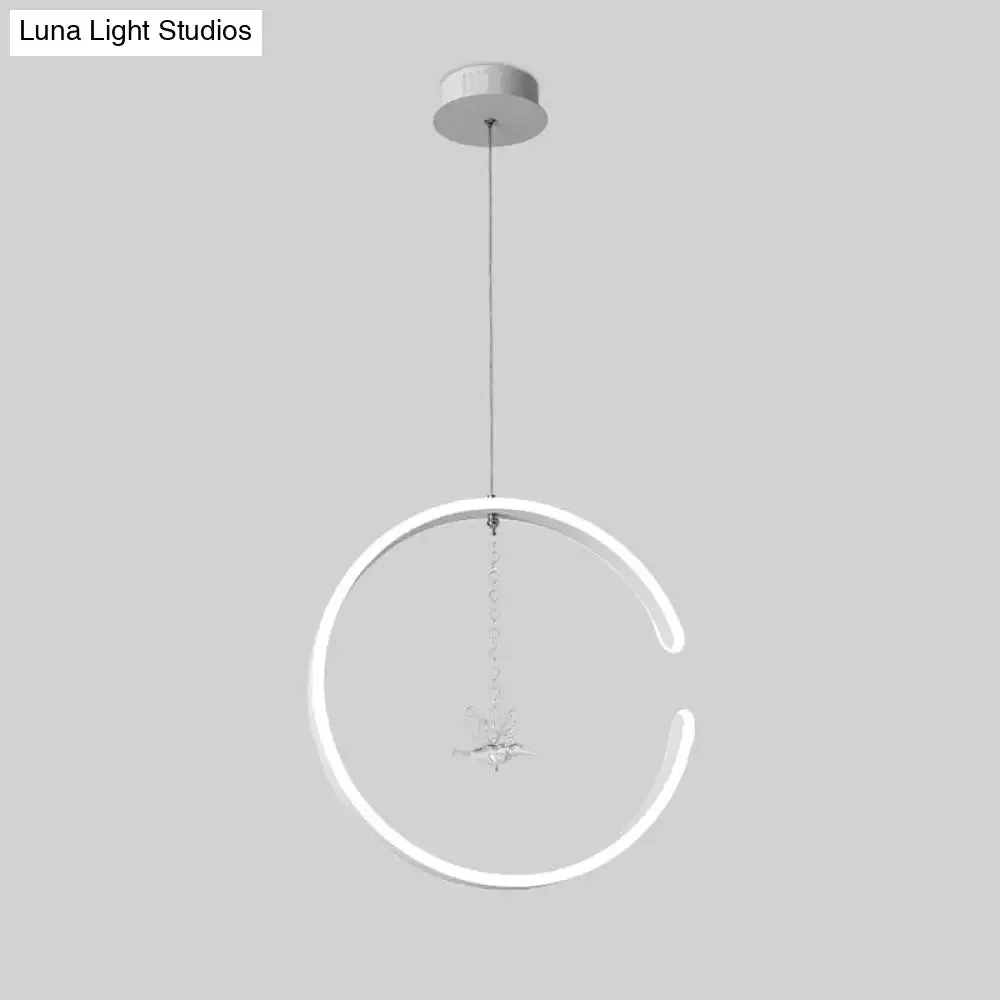 Sleek C-Shape Metal Suspension Lighting with Crystal Bird - LED Hanging Lamp Kit in Warm/White Light