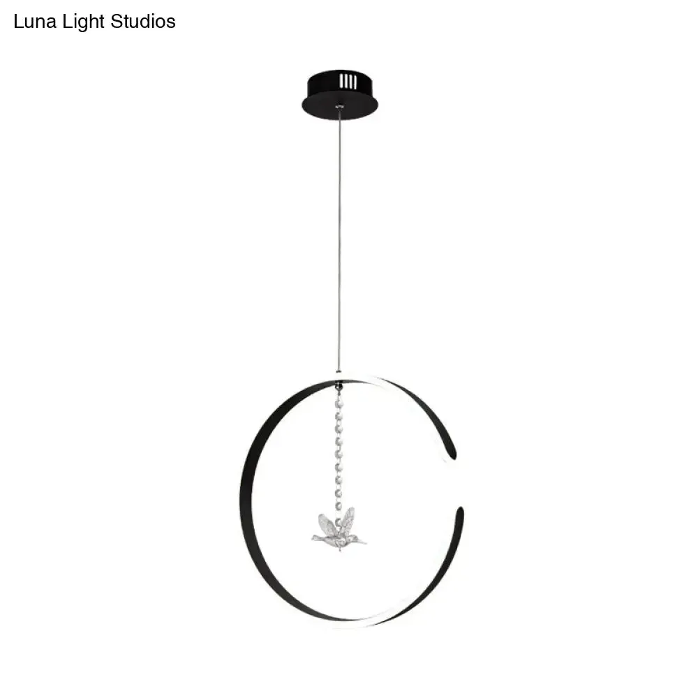 Sleek C-Shape Metal Suspension Lighting with Crystal Bird - LED Hanging Lamp Kit in Warm/White Light