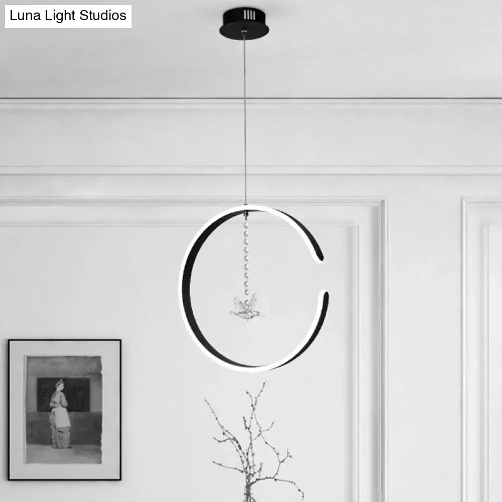 Sleek C-Shape Metal Suspension Lighting with Crystal Bird - LED Hanging Lamp Kit in Warm/White Light