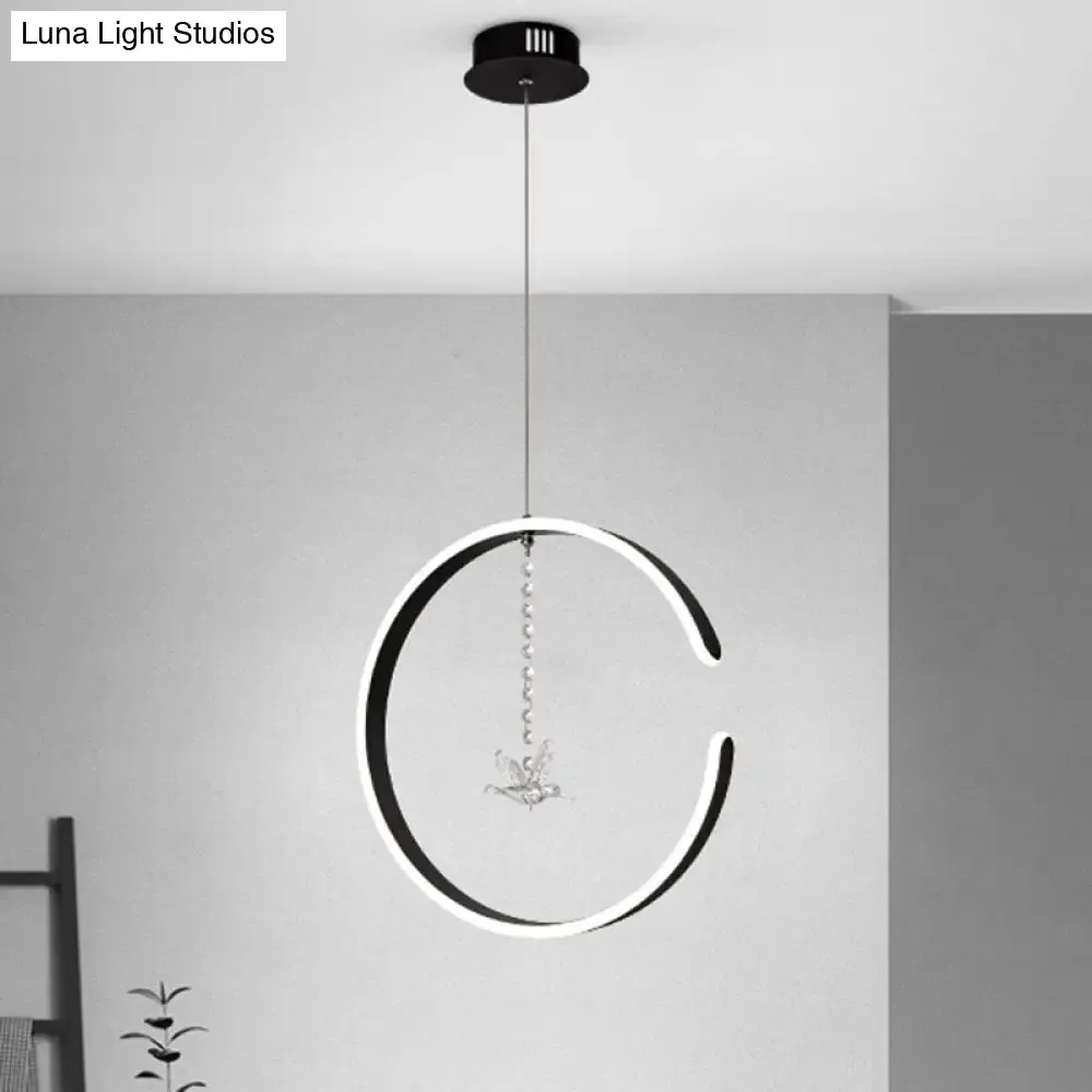 Sleek C-Shape Metal Suspension Lighting with Crystal Bird - LED Hanging Lamp Kit in Warm/White Light