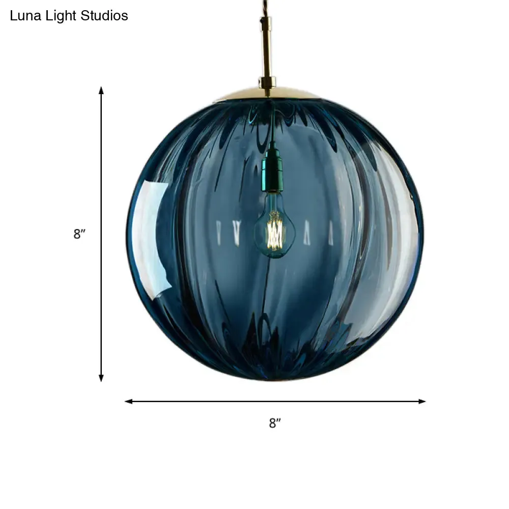 Sleek Sphere Pendant Light: Modern Blue/Purple/Smoky Ribbed Glass, LED Ceiling Lamp for Bedroom