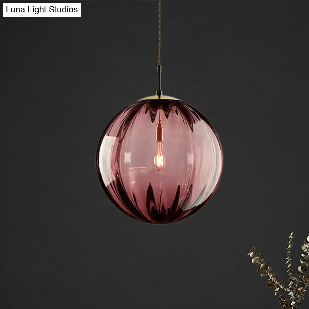 Sleek Sphere Pendant Light: Modern Blue/Purple/Smoky Ribbed Glass, LED Ceiling Lamp for Bedroom