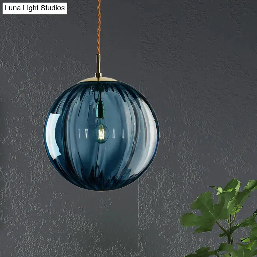 Sleek Sphere Pendant Light: Modern Blue/Purple/Smoky Ribbed Glass, LED Ceiling Lamp for Bedroom