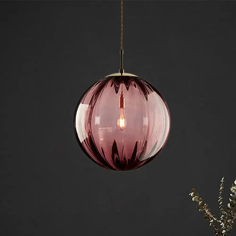 Sleek Sphere Pendant Light: Modern Blue/Purple/Smoky Ribbed Glass, LED Ceiling Lamp for Bedroom