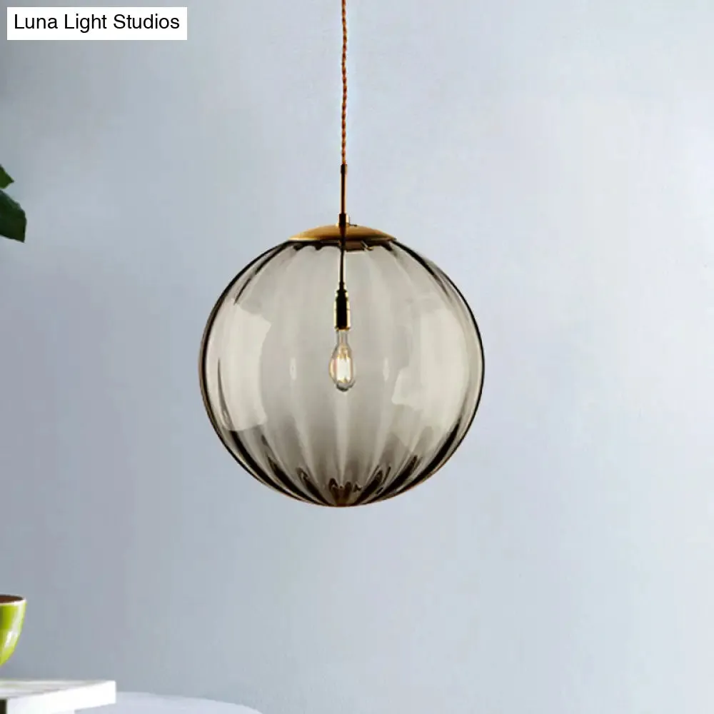 Sleek Sphere Pendant Light: Modern Blue/Purple/Smoky Ribbed Glass, LED Ceiling Lamp for Bedroom