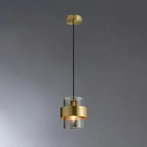 Smoke Grey Glass Cylinder Pendant Light - Brass Single Postmodern Bedroom Down Lighting