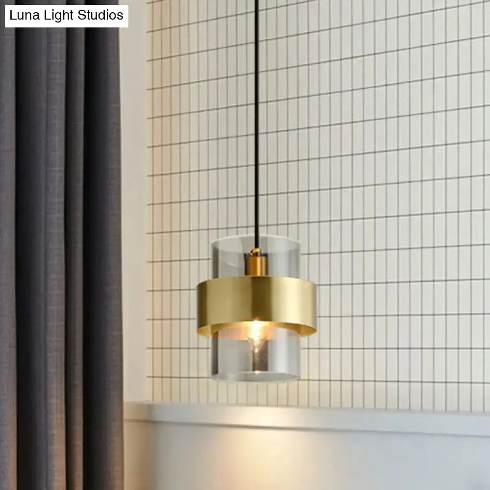 Smoke Grey Glass Cylinder Pendant Light - Brass Single Postmodern Bedroom Down Lighting