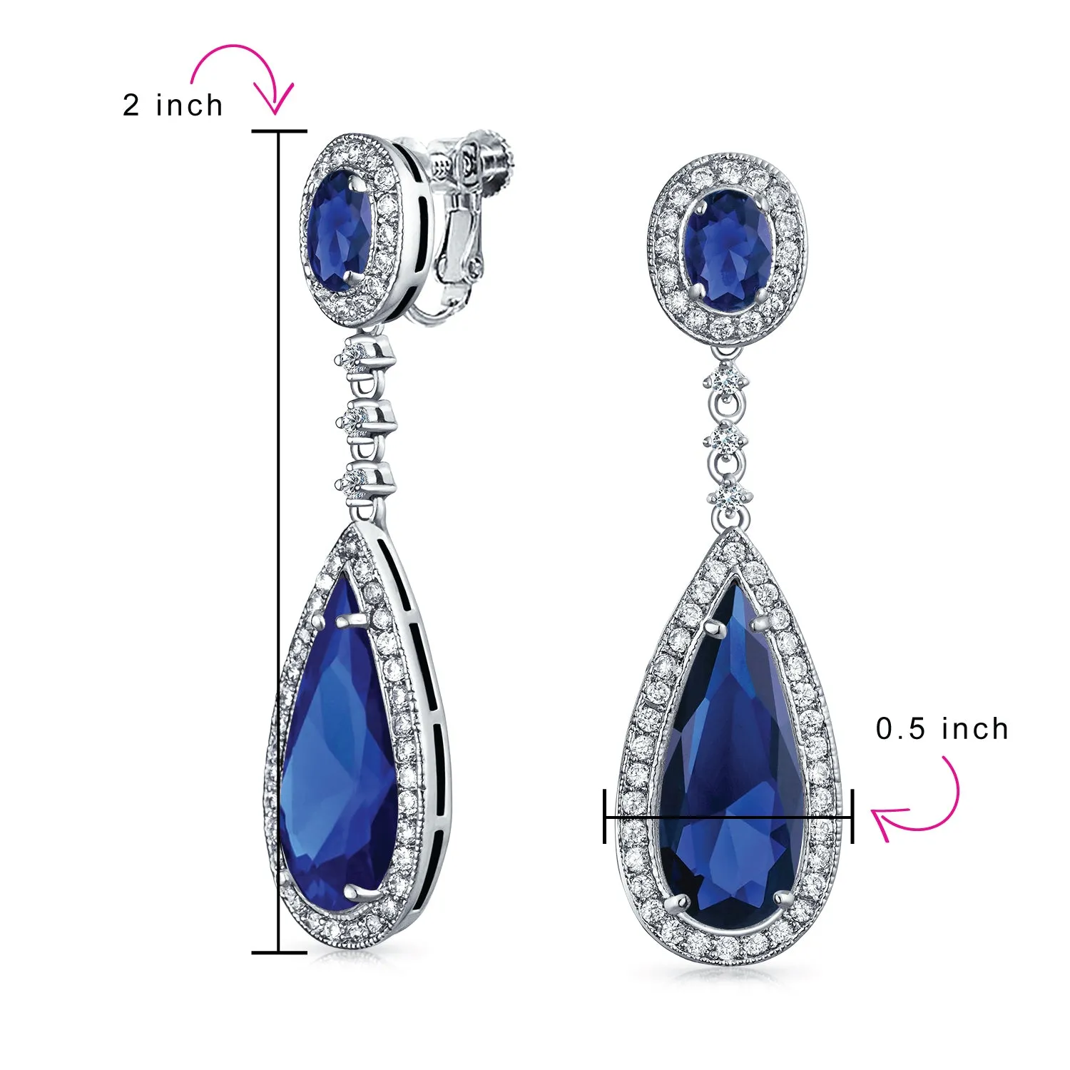 Statement Teardrop CZ Dangle Chandelier Clip-On Earrings Silver Plated Multi Colors