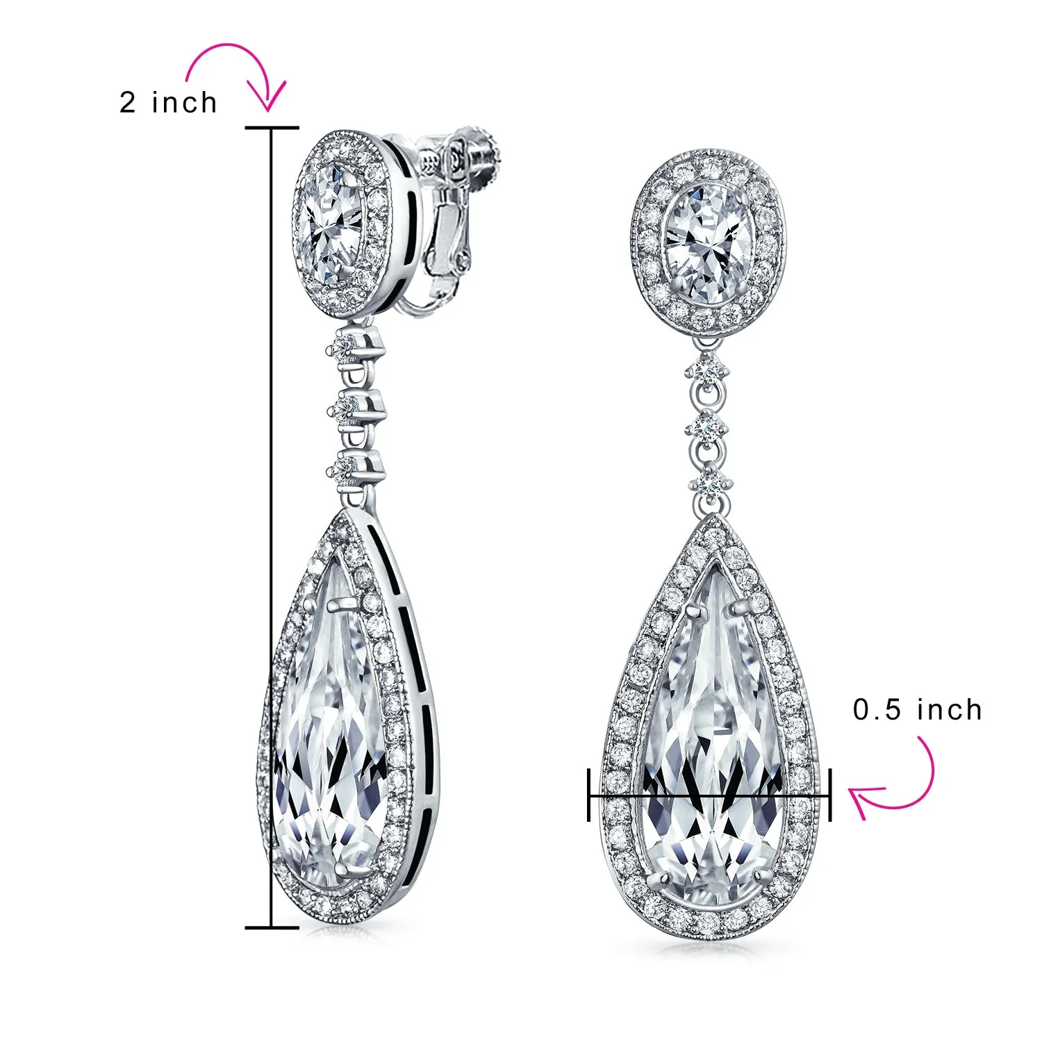 Statement Teardrop CZ Dangle Chandelier Clip-On Earrings Silver Plated Multi Colors