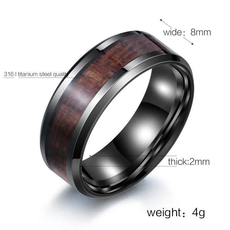 Steel soldier black ring with dark red wood inlay inside ring men unique fashion engagement jewelry