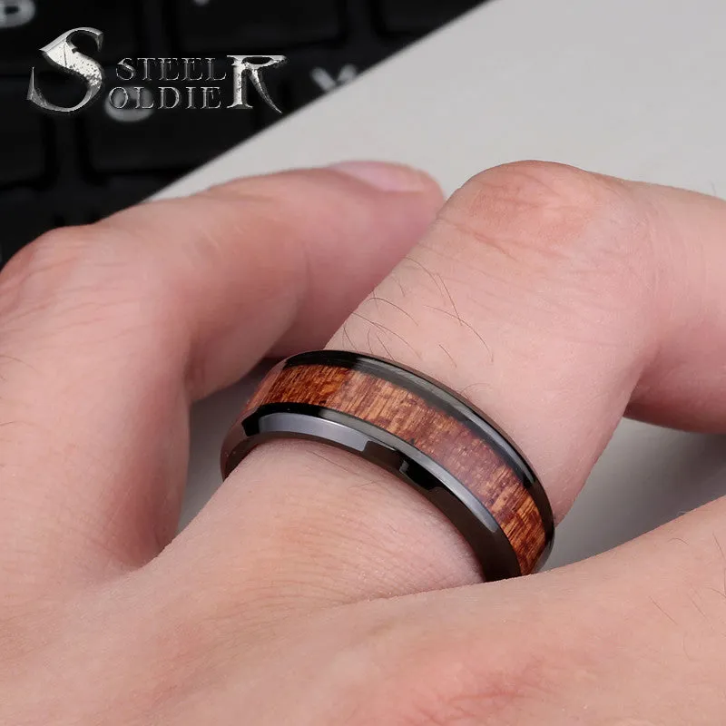 Steel soldier black ring with dark red wood inlay inside ring men unique fashion engagement jewelry