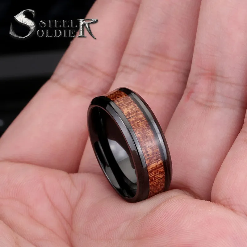 Steel soldier black ring with dark red wood inlay inside ring men unique fashion engagement jewelry