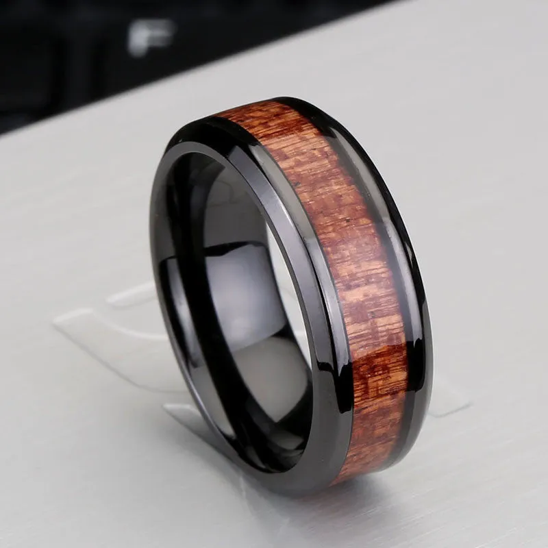 Steel soldier black ring with dark red wood inlay inside ring men unique fashion engagement jewelry