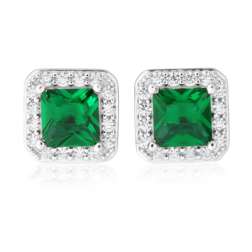 Sterling Silver Green and White Zirconia Cushion Cut Stud Earrings