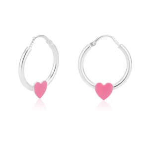 Sterling Silver Pink Heart 15mm Hoop Earrings