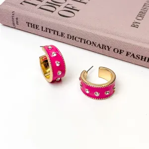 Surrounded By Starlight Small Gold Tone Hoop Earrings in Fuchsia Pink