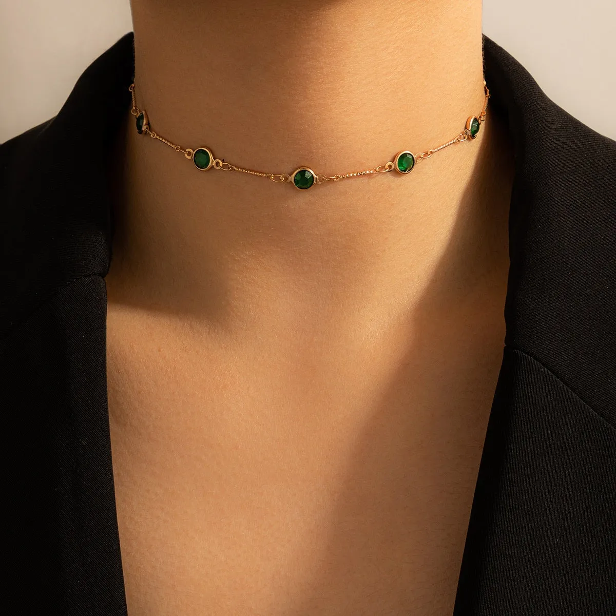 Tocona Tredny Green Rhinestone Chain Choker Necklace for Women Gold Color Alloy Metal Handmade Jewelry Accessories Collar 15633