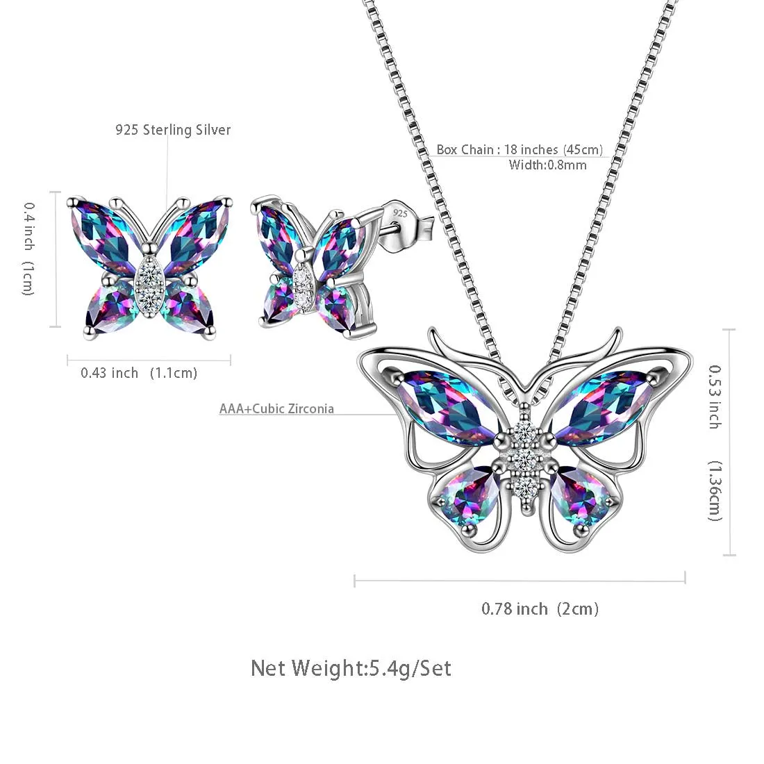 Tokyo Mart Butterfly Rainbow Mystic Topaz Jewelry Sets 3PCS Women Girls Gift Sterling Silver