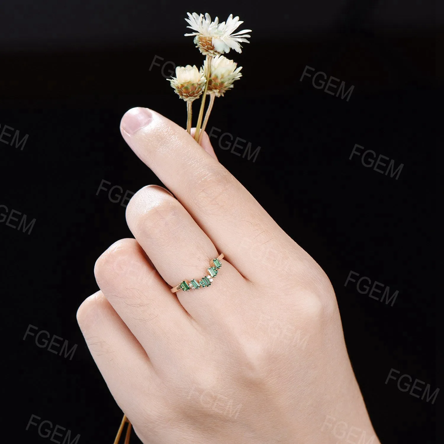 Unique Baguette Cut Emerald Band 14k Solid Gold Contour Wedding Band Half Eternity Minimalist Emerald Ring Stacking Band Anniversary Gift