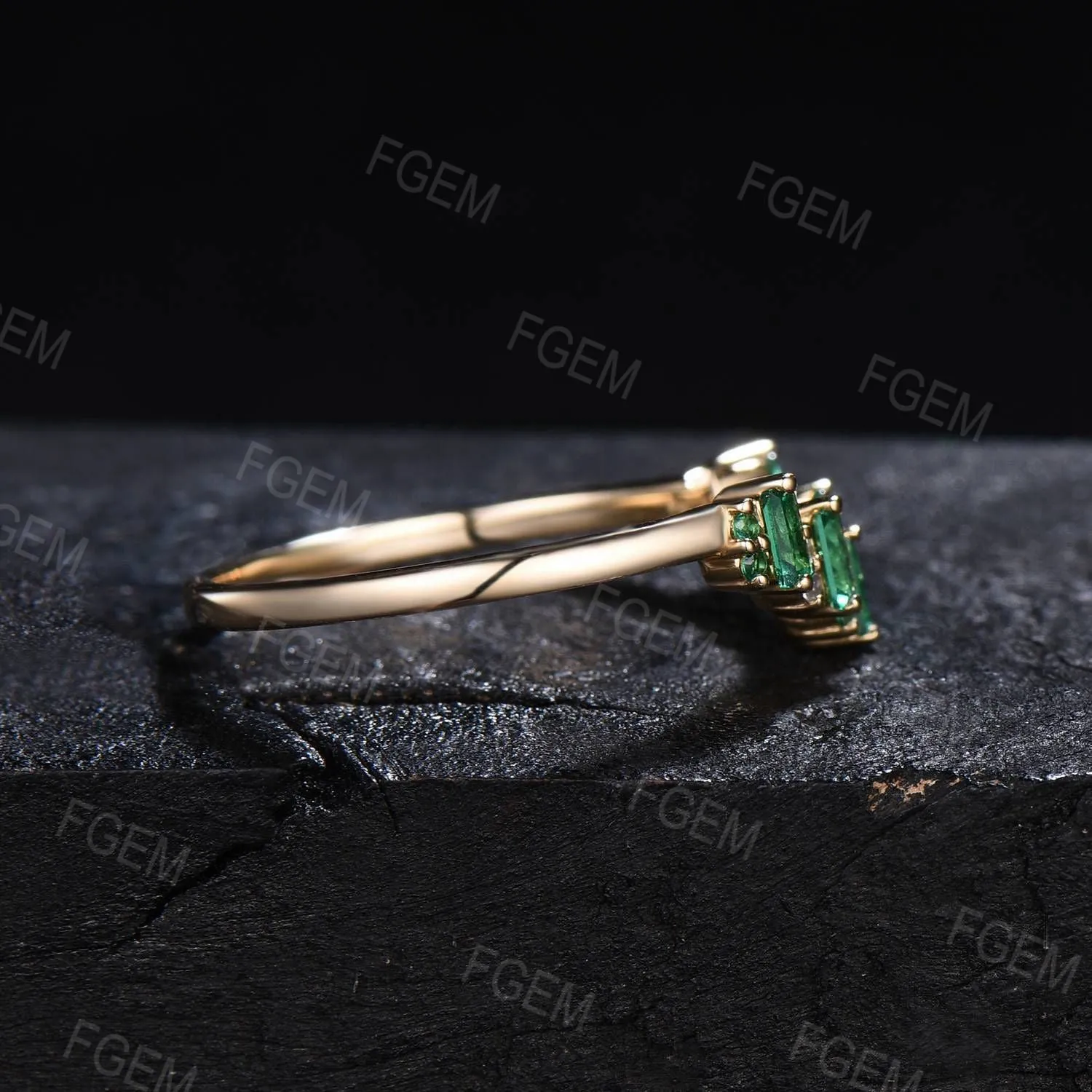 Unique Baguette Cut Emerald Band 14k Solid Gold Contour Wedding Band Half Eternity Minimalist Emerald Ring Stacking Band Anniversary Gift