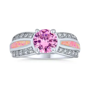 Unique Pink AAA CZ Round Solitaire Engagement Ring with Opal Inlay Band