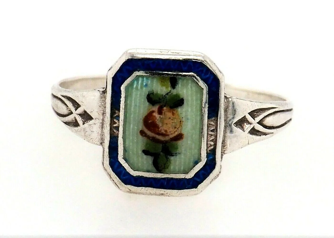 Unique Vintage Elegance Sterling Silver & Floral Enamel Ring