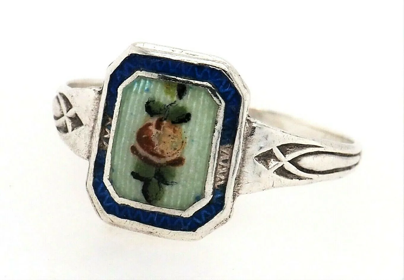 Unique Vintage Elegance Sterling Silver & Floral Enamel Ring