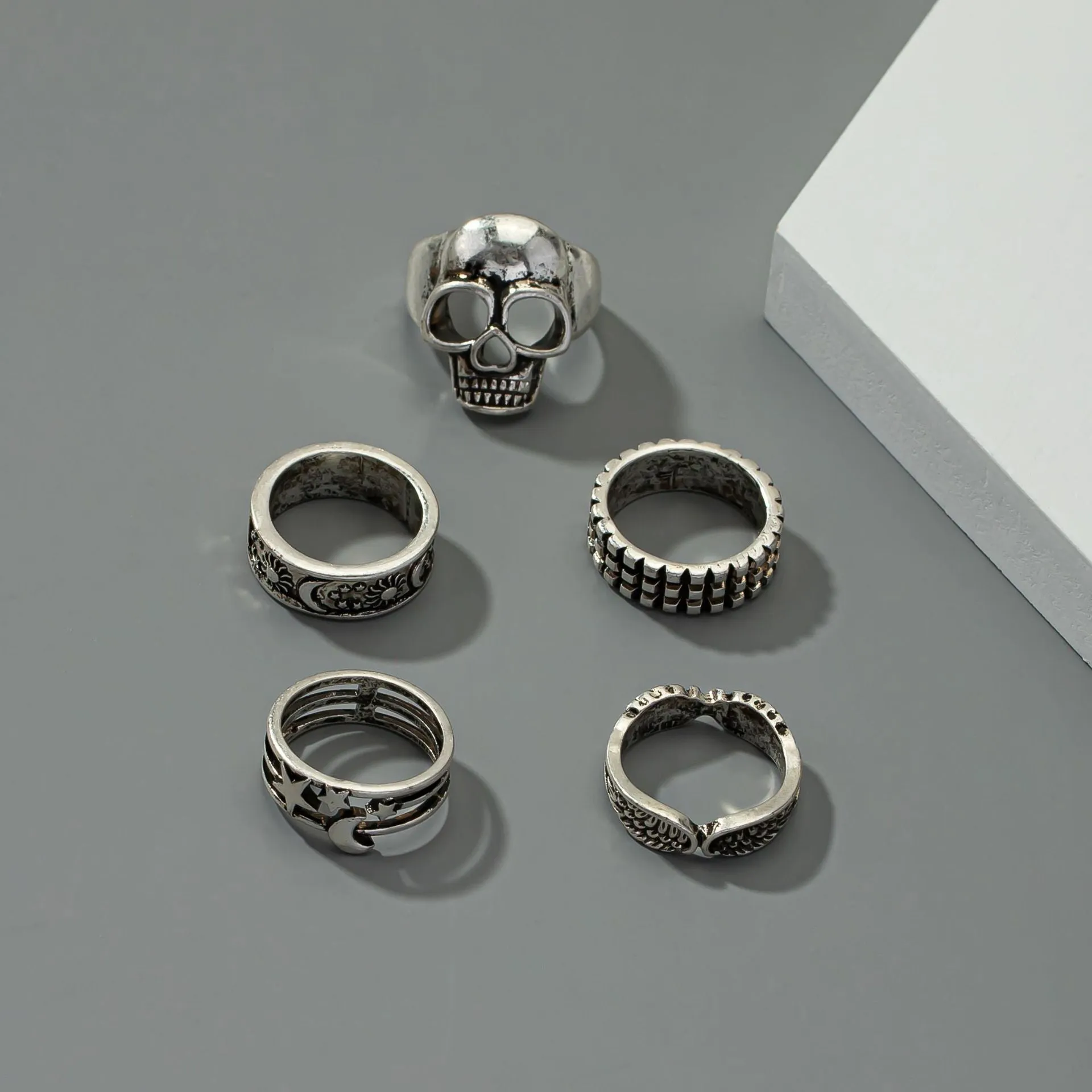 Vienna Verve Collection: Men's Moon Star Geometric Rings Set