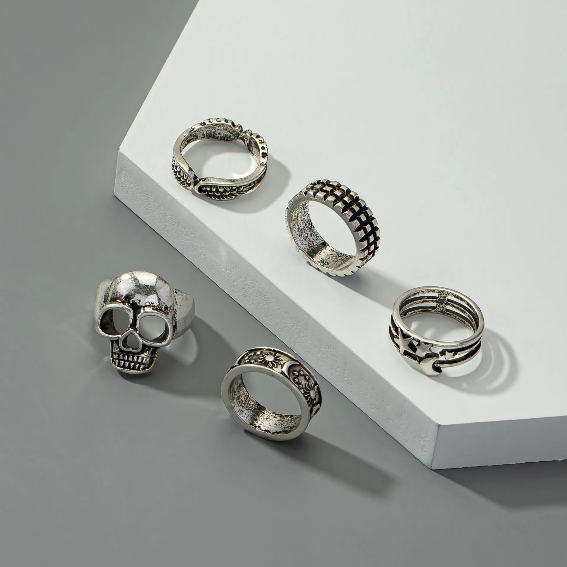 Vienna Verve Collection: Men's Moon Star Geometric Rings Set