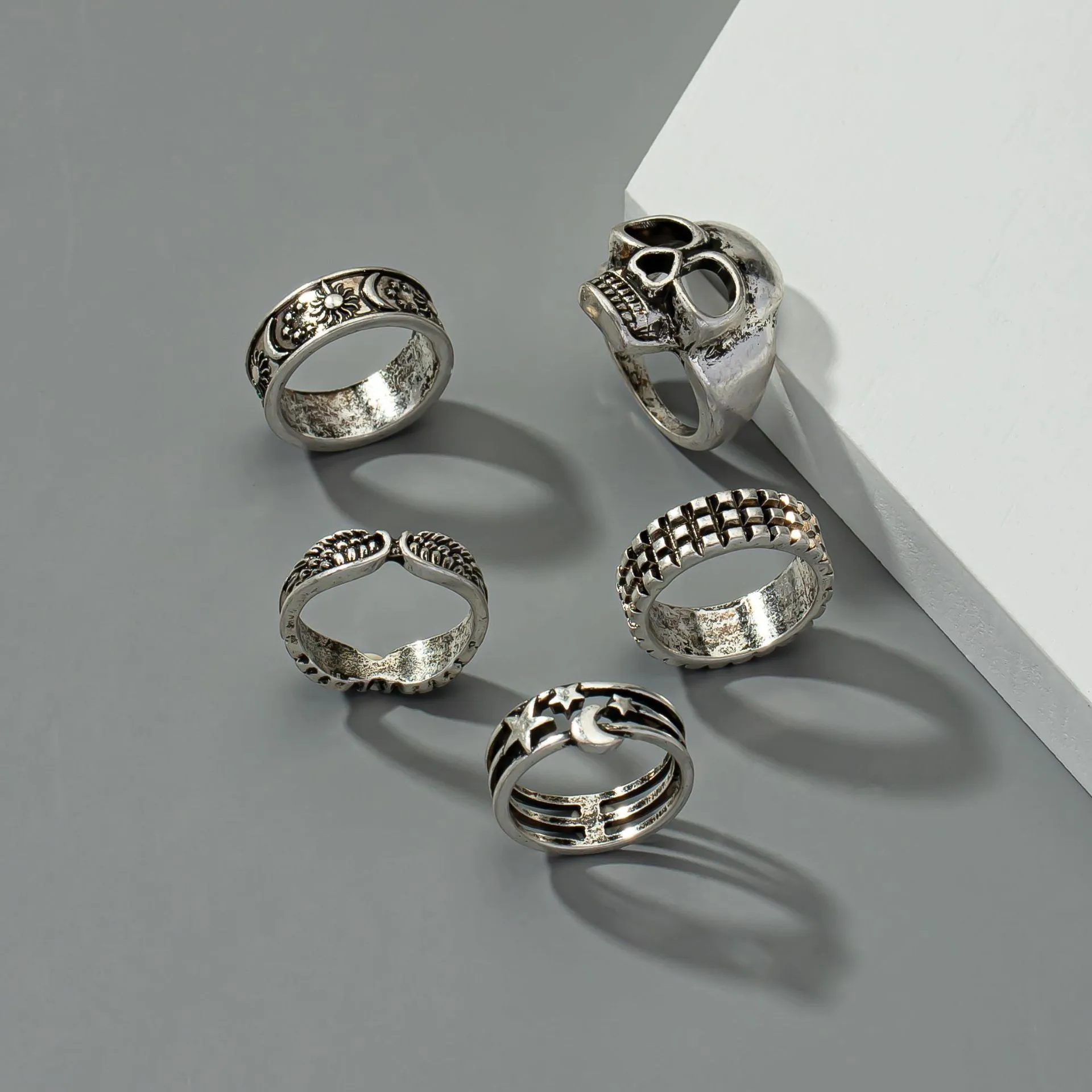 Vienna Verve Collection: Men's Moon Star Geometric Rings Set