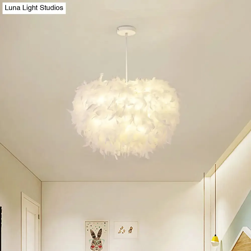 White Goose Feather Dome Ceiling Light Fixture - Elegant Pendant for Bedroom